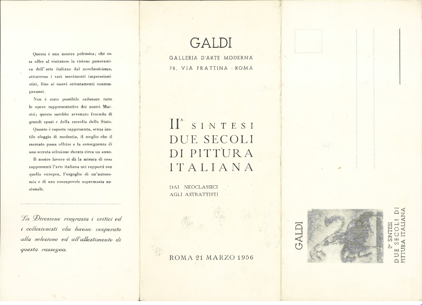 Brochure II sintesi - due secoli di pittura italiana, Galleria Galdi, roma, 1956
