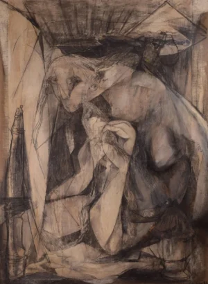 Carboncino su carta raffigurante allo specchio