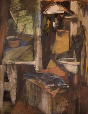 Tempera su tela raffigurante Interno di studio